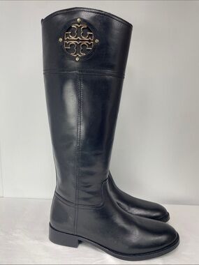 Tory Burch Black Leather Riding Boots with Gold Logo, Size 9